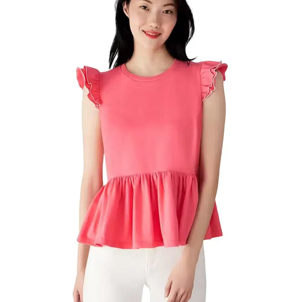 Kate Spade Deep Dahlia Peplum Tee, Coral Pink, 100% Cotton, Size Small